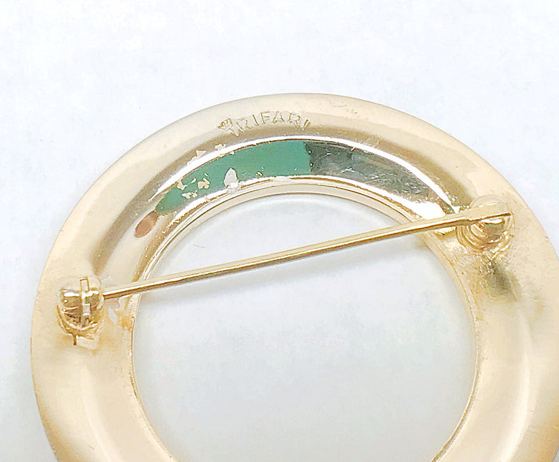 1930's-1955 Crown Trifari Gold Tone Textured Circle Brooch Pin - Hers and His Treasures
