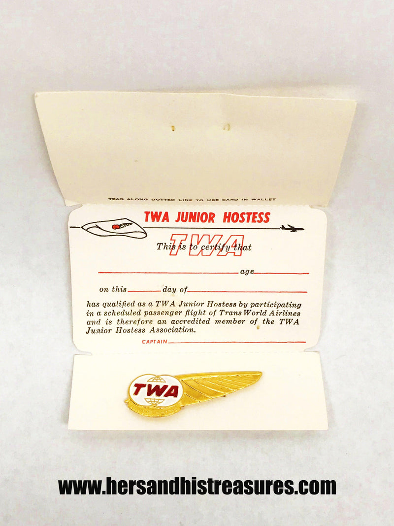 Vintage TWA Junior Hostess Pin With Card - Hers and His Treasures