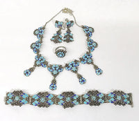 Antique Blue Enamel Flower Silver Panel Drop Link Necklace Parure - Hers and His Treasures