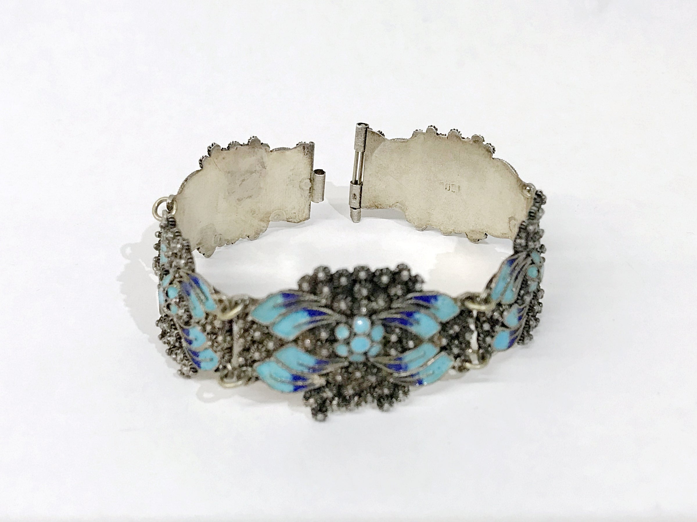 Antique Blue Enamel Flower Silver Panel Drop Link Necklace Parure - Hers and His Treasures