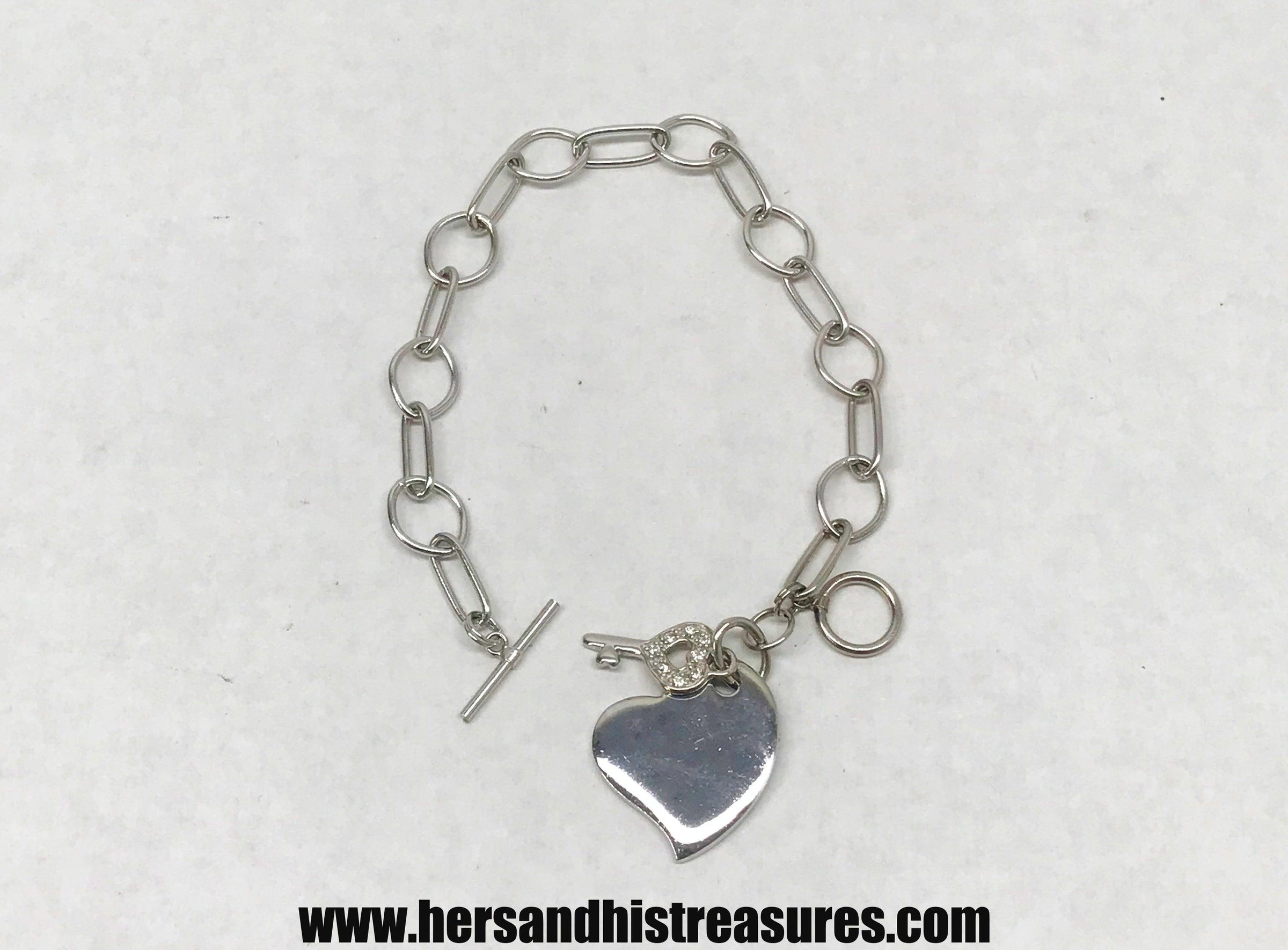 Sterling Silver Heart With Key Charms and Chain Link Bracelet - Hers and His Treasures