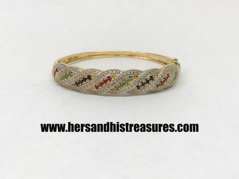Pave Emerald Ruby Sapphire Bangle Bracelet Sterling Silver 925 14k Gold Overlay - Hers and His Treasures