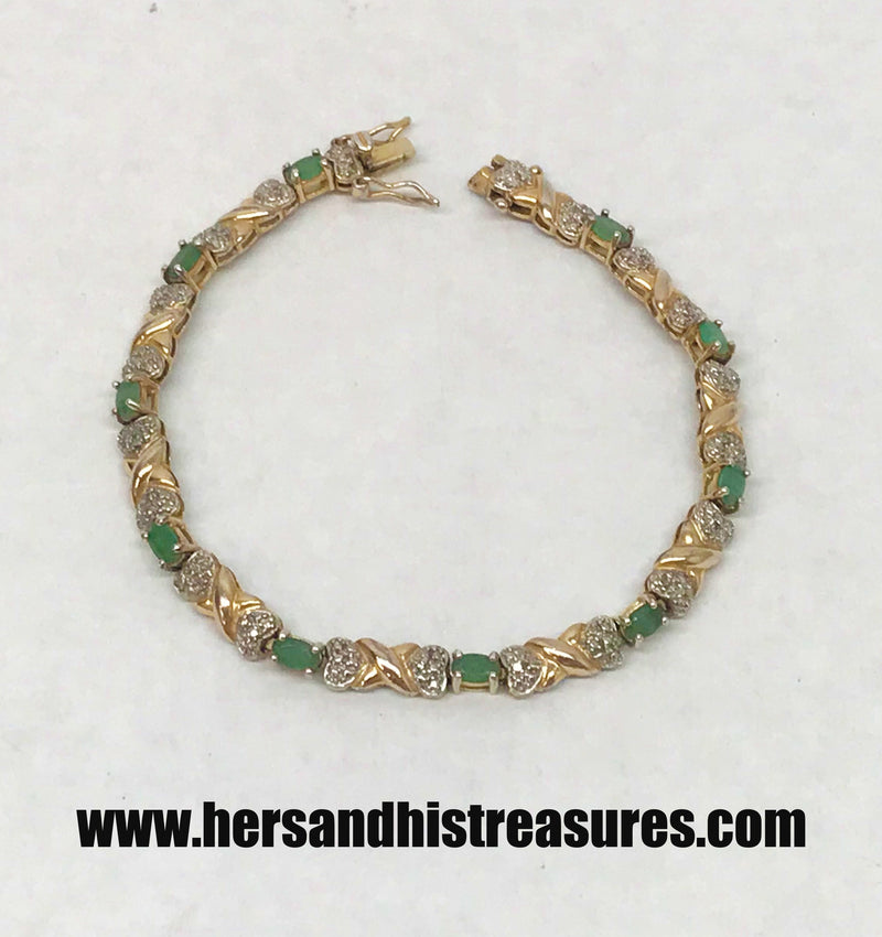 Emerald .925 Sterling Silver Tennis Bracelet With Gold Overlay