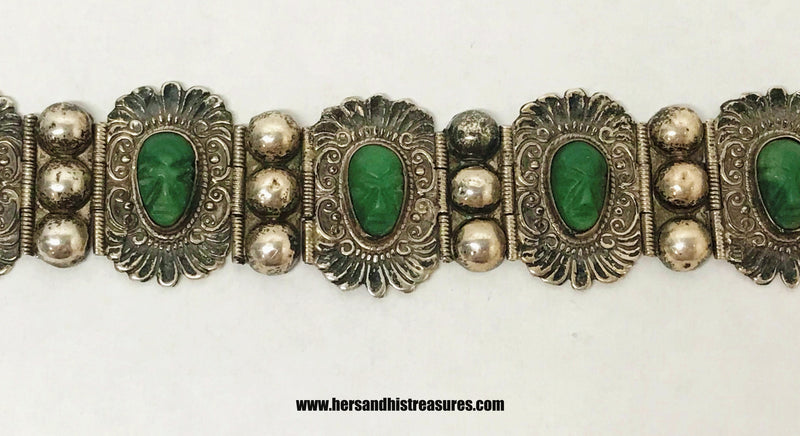 www.hersandhistreasures.com/products/anton-signed-green-onyx-aztec-mask-sterling-silver-panel-bracelet