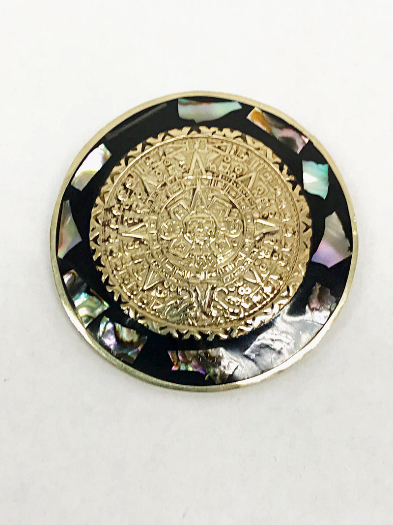 Vintage Aztec Calendar Abalone And Black Onyx Inlay Brooch | Mexico - Hers and His Treasures