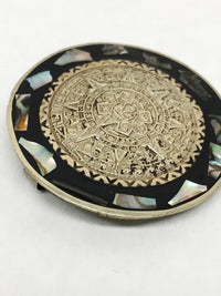 Vintage Aztec Calendar Abalone And Black Onyx Inlay Brooch | Mexico - Hers and His Treasures