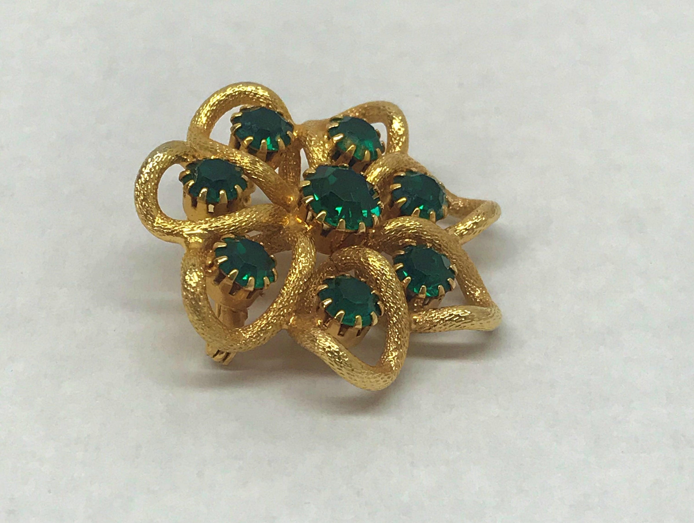 Vintage Gold Tone Brooch With Round Green Rhinestones - Hers and His Treasures