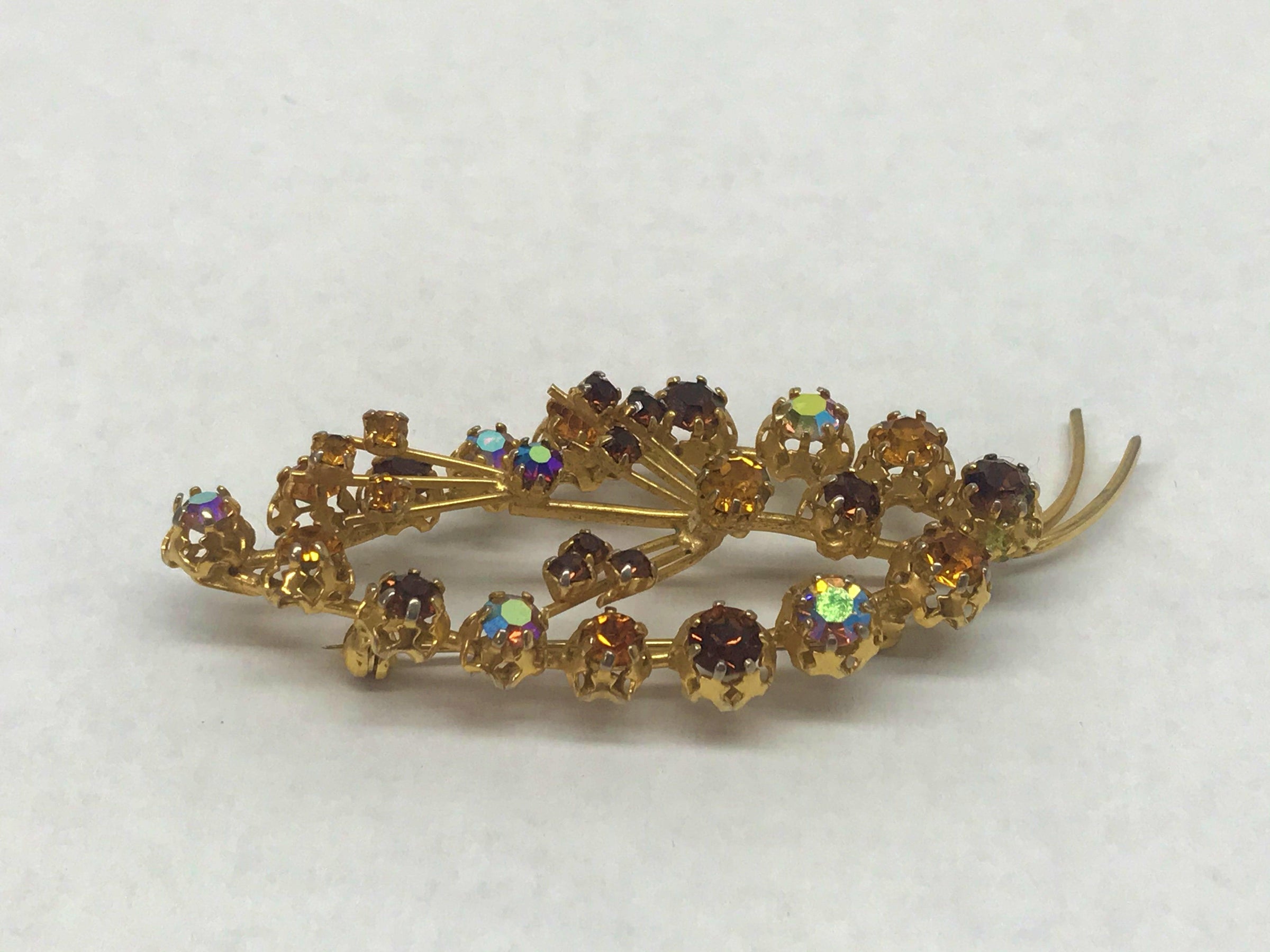 Vintage Gold Tone Brooch With Brown Yellow AB Rhinestones Austria - Hers and His Treasures