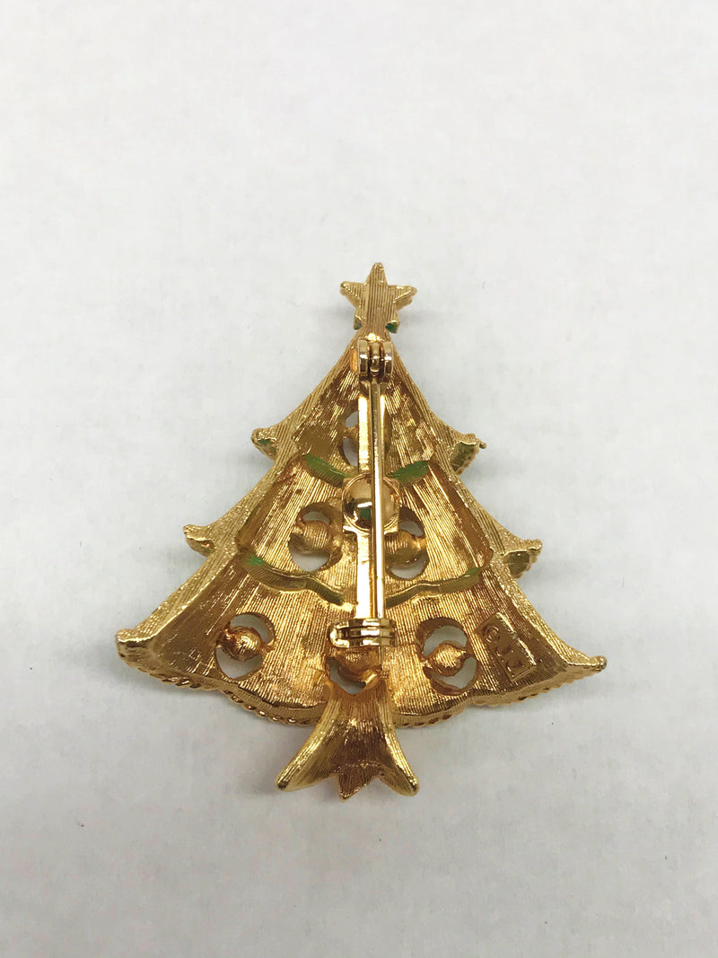 JJ Jonette Christmas Tree Rhinestone Brooch Pin
