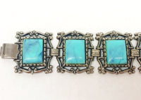 Vintage Faux Turquoise Silver Tone Wide Panel Link Bracelet - Hers and His Treasures