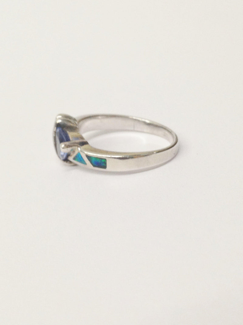 Sterling Silver .925 Ring With Lab Created Opal / Purple & Clear CZ Gemstones - Hers and His Treasures
