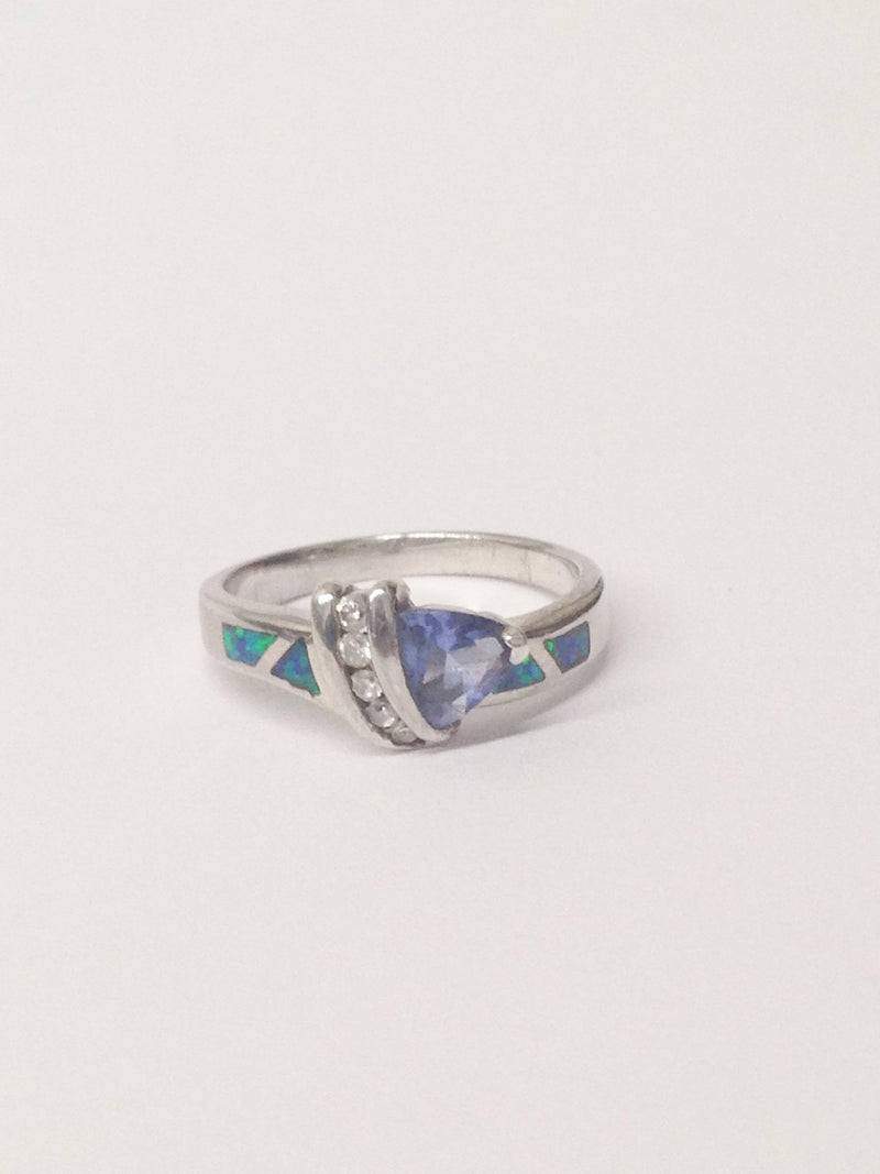 Sterling Silver .925 Ring With Lab Created Opal / Purple & Clear CZ Gemstones - Hers and His Treasures
