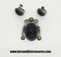 Vintage Carved Black Onyx Aztec/Mayan Mask Sterling Silver Jewelry Set - Hers and His Treasures