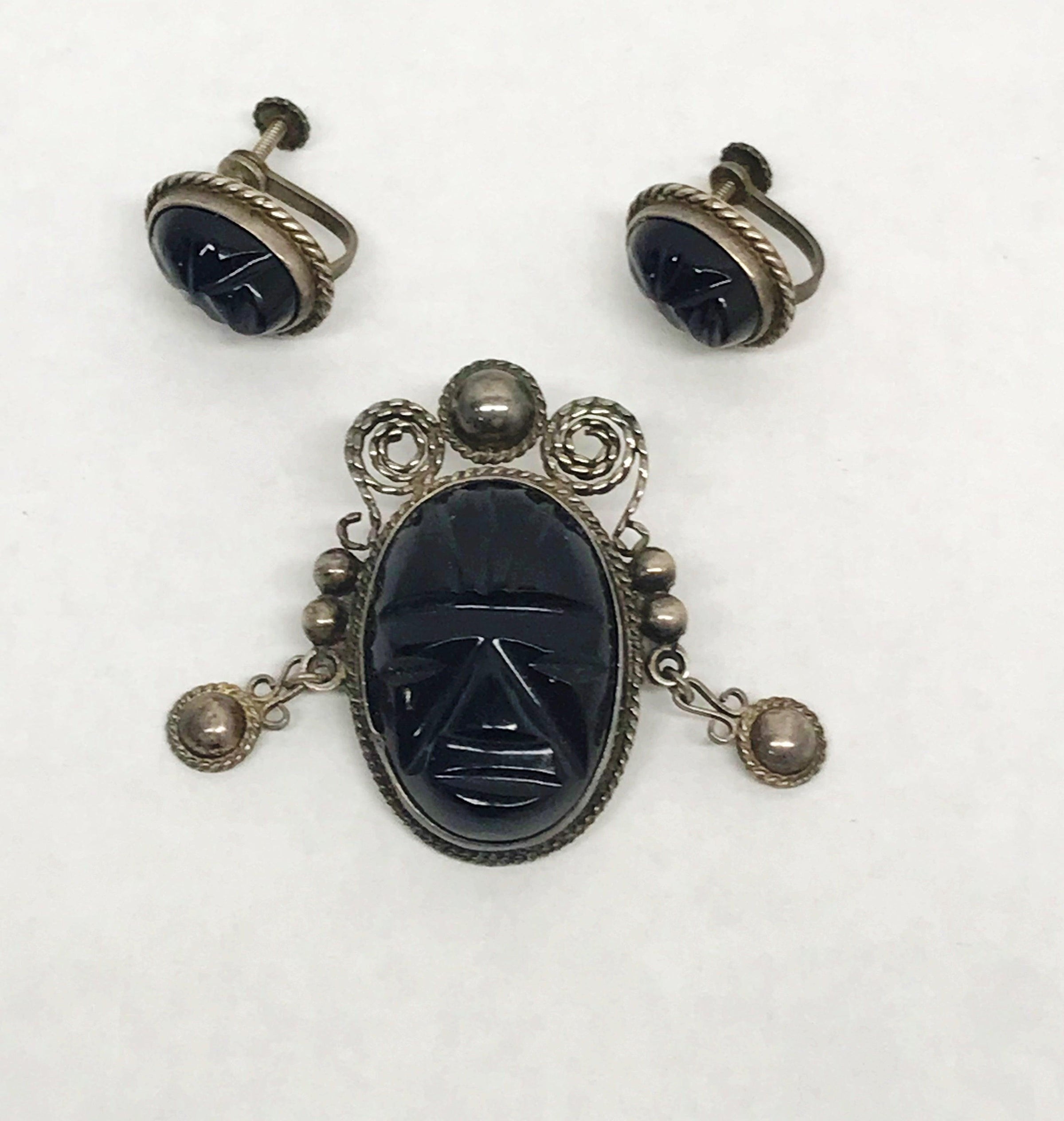 Vintage Carved Black Onyx Aztec/Mayan Mask Sterling Silver Jewelry Set - Hers and His Treasures
