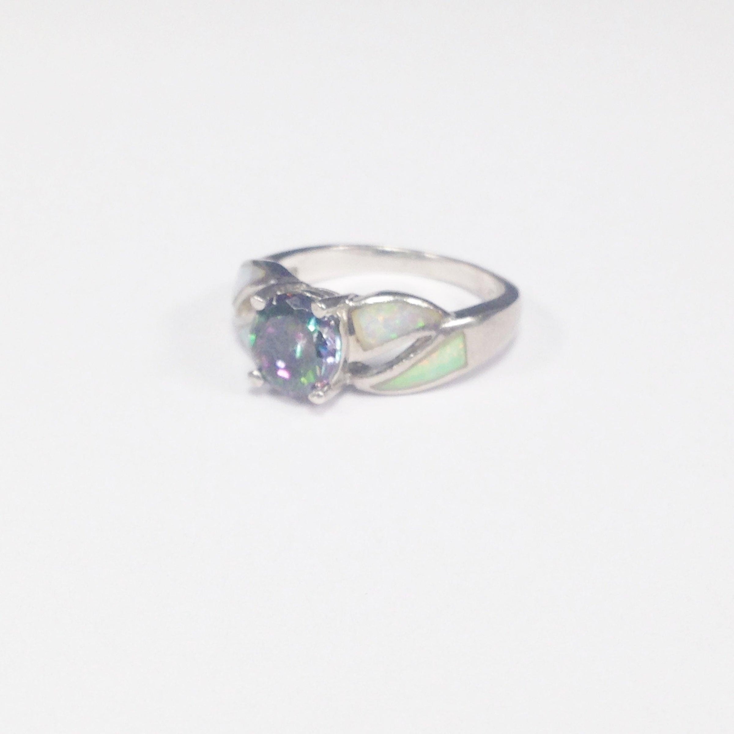 Simulated Opal and CZ Mystic Topaz .925 Sterling Silver Ring - Hers and His Treasures