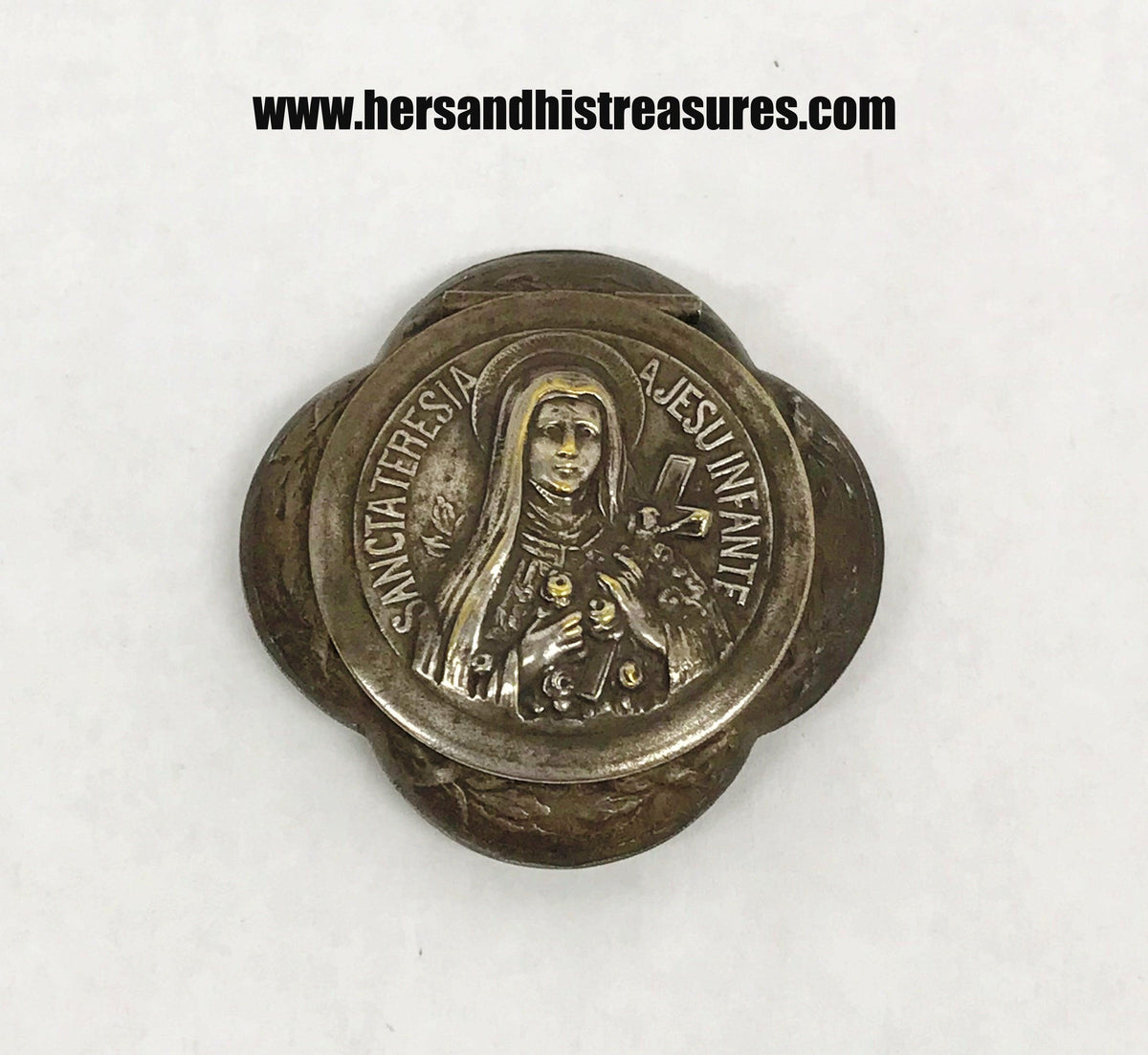 Vintage Saint Theresa A Jesu Infante Metal Rosary Box Case With Mirror - Hers and His Treasures